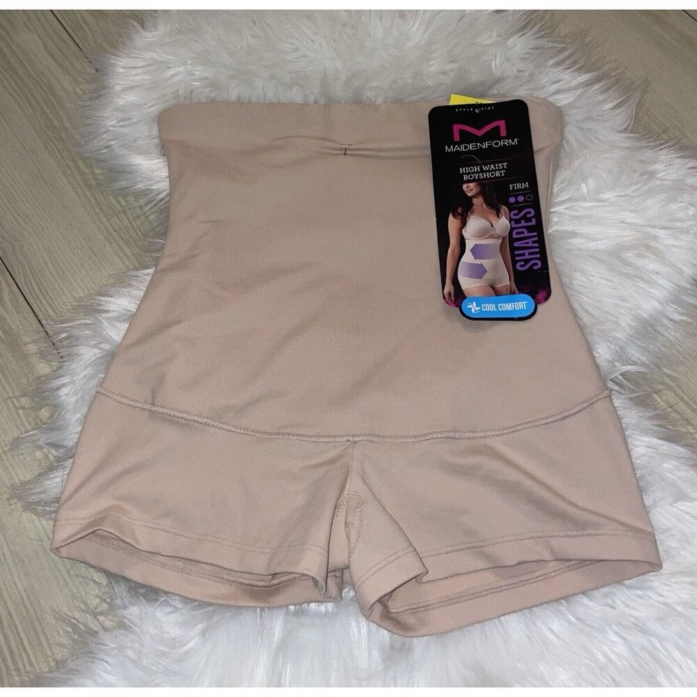 Maidenform 2107 High Waist Boyshort Firm Shaper Womens M Medium Beige New